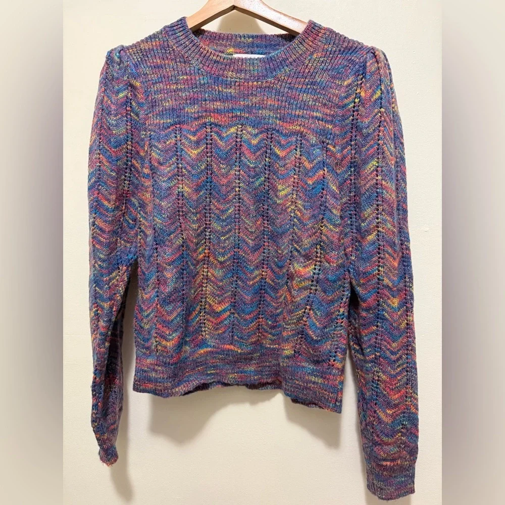 Allison New York Multicolor Puff Sleeves Knit Sweater Sz Medium